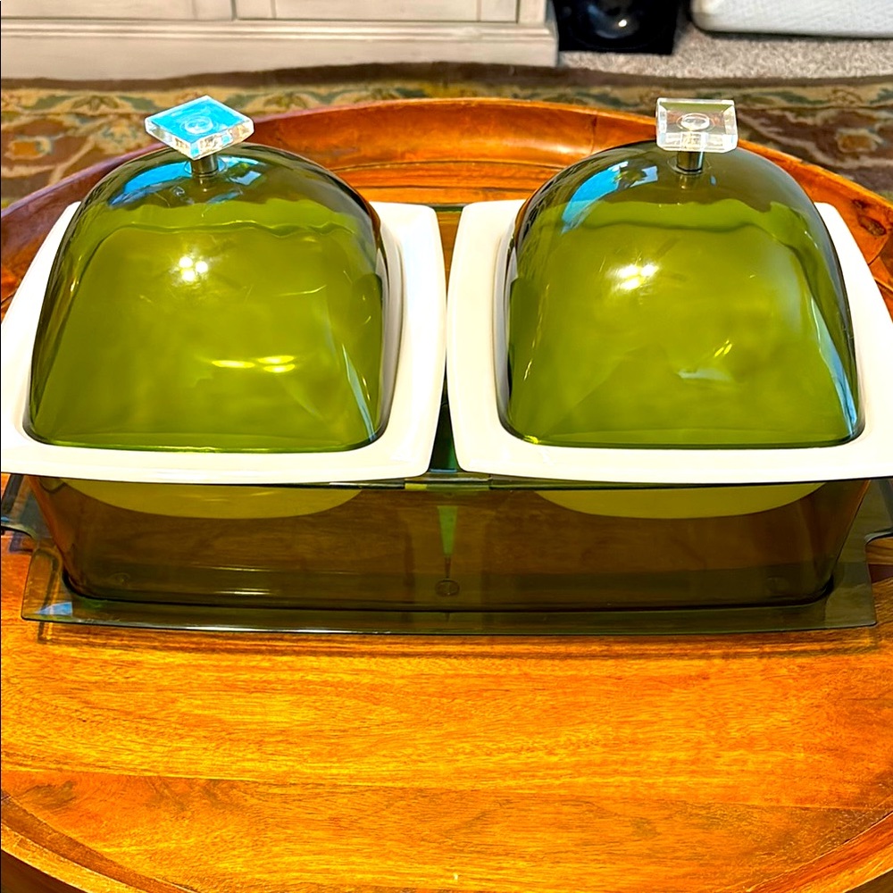 1960s Mid-Century Green and White Lucite 2-Compartment Server Atomic Server Tray